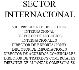 SECTOR INTERNACIONAL VICEPRESIDENTE DEL SECTOR INTERNACIONAL DIRECTOR DE NEGOCIOS INTERNACIONALES DIRECTOR DE EXPORTACIONES DIRECTOR DE IMPORTACIONES DIRECTOR DE ACUERDOS COMERCIALES DIRECTOR DE TRATADOS COMERCIALES DIRECTOR DE ALIANZAS COMERCIALES 